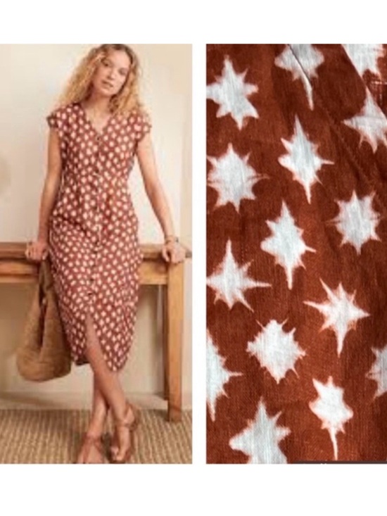 Garnet Hill Dresses & Skirts - Garnet Hill Linen Midi Dress Rust Brown Star-Print Button Front Dress Sleeveless